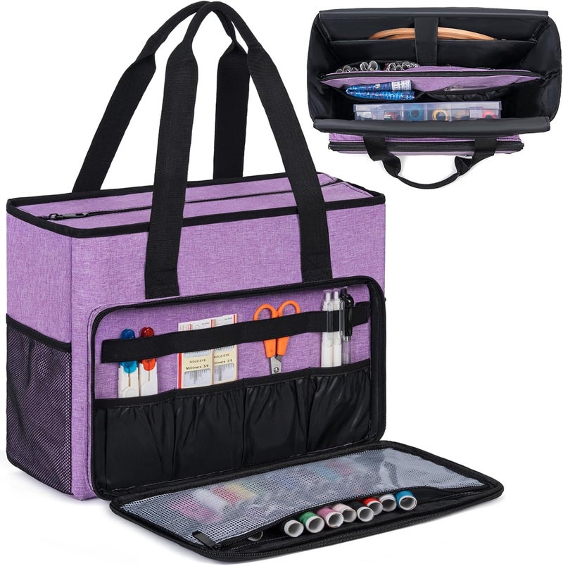 GMAK Embroidery Storage Bag, Embroidery Project Carrying Bags for Embroidery Kit/Cross Stitch Supplies/Stitch Tools Kit, Embroidery Supplies Storage Tote Case with Multiple Pockets, Bag Only, Purple - Image 1